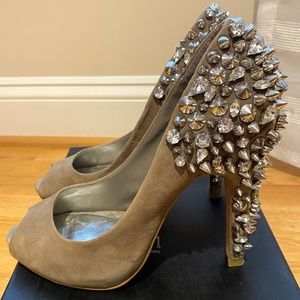 Michael Shannon Lorimer Taupe Suede Spike Studded Heels Rhinestones 7